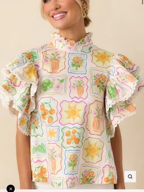 Tile-Print Ruffle Sleeve Blouse in Cream